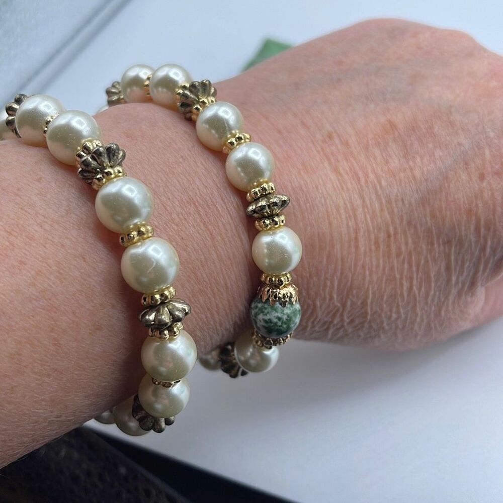 Artisan made set of 2 green zebra Jasper stretchy bracelets